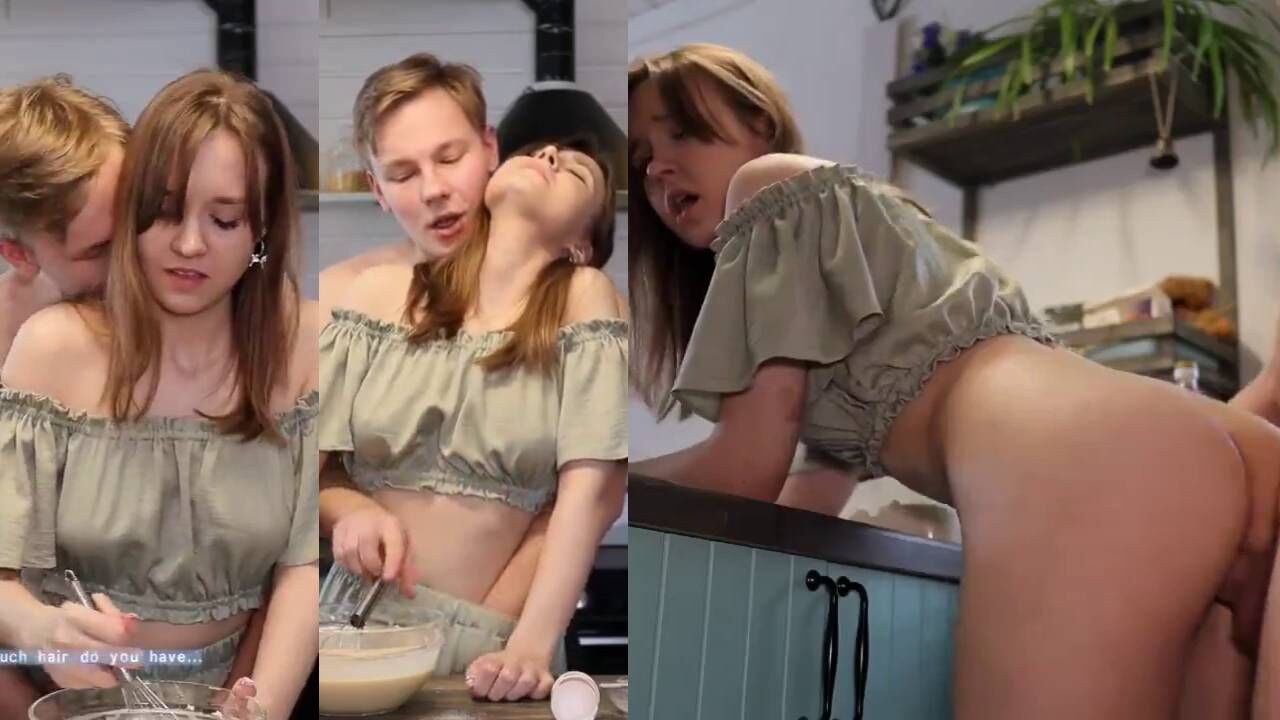 New Mms sexy Russian girl fucked by housemate in kitchen while cooking